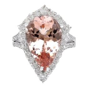 Morganite Diamond Ring In 18K Solid White Gold