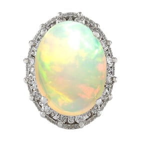 Natural Opal Diamond Ring In 14K White Gold