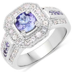 1.46 CT Genuine Tanzanite and White Diamond 14K White Gold Ring