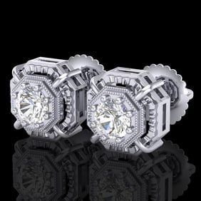 1.11 ctw VS/SI Diamond Solitaire Art Deco Stud Earrings 18k White Gold