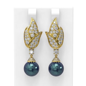 3.62 ctw Diamond & Pearl Earrings 18K Yellow Gold