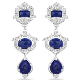 9.37 CT Genuine Lapis and White Topaz 14K White Gold Earrings