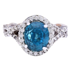 Natural Zircon Diamond Ring In 18K Solid White Gold