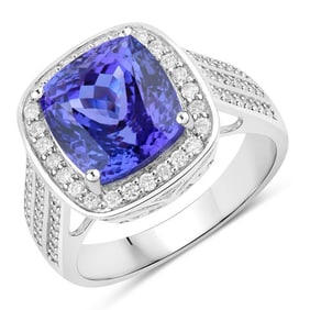 5.59 CT Genuine Tanzanite and White Diamond 14K White Gold Ring
