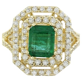 Exquisite Natural Emerald Diamond Ring In 14K Solid Yellow Gold