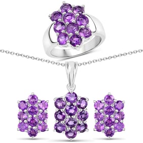 6.80 CT Genuine Amethyst 14K White Gold 3 Piece Jewelry Set (Ring, Earrings, and Pendant w/ Chain)