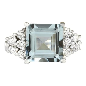 Natural Aquamarine Diamond Ring In 18K White Gold