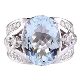 Exquisite Natural Aquamarine Diamond Ring In 18K White Gold