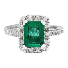 Emerald Diamond Ring 14K White Gold