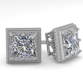 1.0 ctw VS/SI Princess Diamond Stud Earrings Art Deco 18k White Gold
