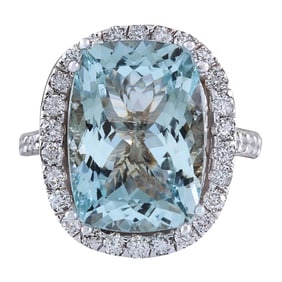 Natural Aquamarine Diamond Ring In 14K White Gold