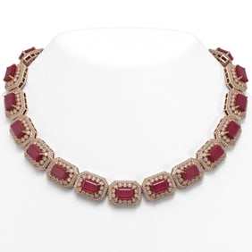137.65 ctw Certified Ruby & Diamond Victorian Necklace 14K Rose Gold