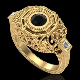 0.75 ctw Fancy Black Diamond Engagment Art Deco Ring 18k Yellow Gold