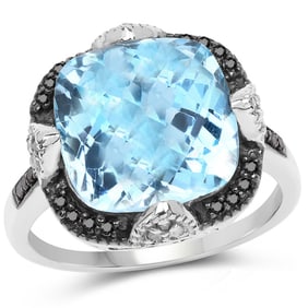 8.29 CT Genuine Swiss Blue Topaz, Black Diamond & White Diamond 14K White Gold Ring