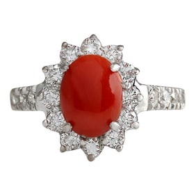 Coral Diamond Ring In 18K White Gold