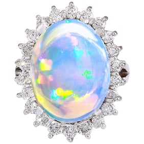 Natural Opal 18K Solid White Gold Diamond Ring