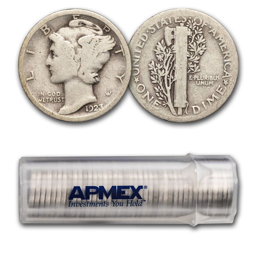 1923 Mercury Dime 50-Coin Roll Avg: 1923 Mercury Dime 50-Coin Roll Avg Circ SKU no: RBJ39485 Year: 1923 Grade: Average Circulated Grade Service: None Denomination: 10 Cents Mint Mark: P - Philadelphia (Not Shown) Metal Cont