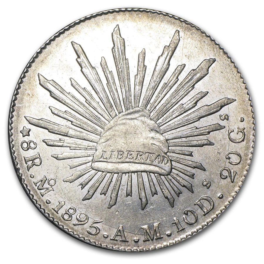 Mexico Silver 8 Reales Cap &: Mexico Silver 8 Reales Cap & Rays AU (ASW .7859 oz) SKU no: RBJ73754 Year: Random Grade: Almost Unc Grade Service: None Denomination: 8 Reales Mint Mark: Mo - Mexico City Metal Content: 0