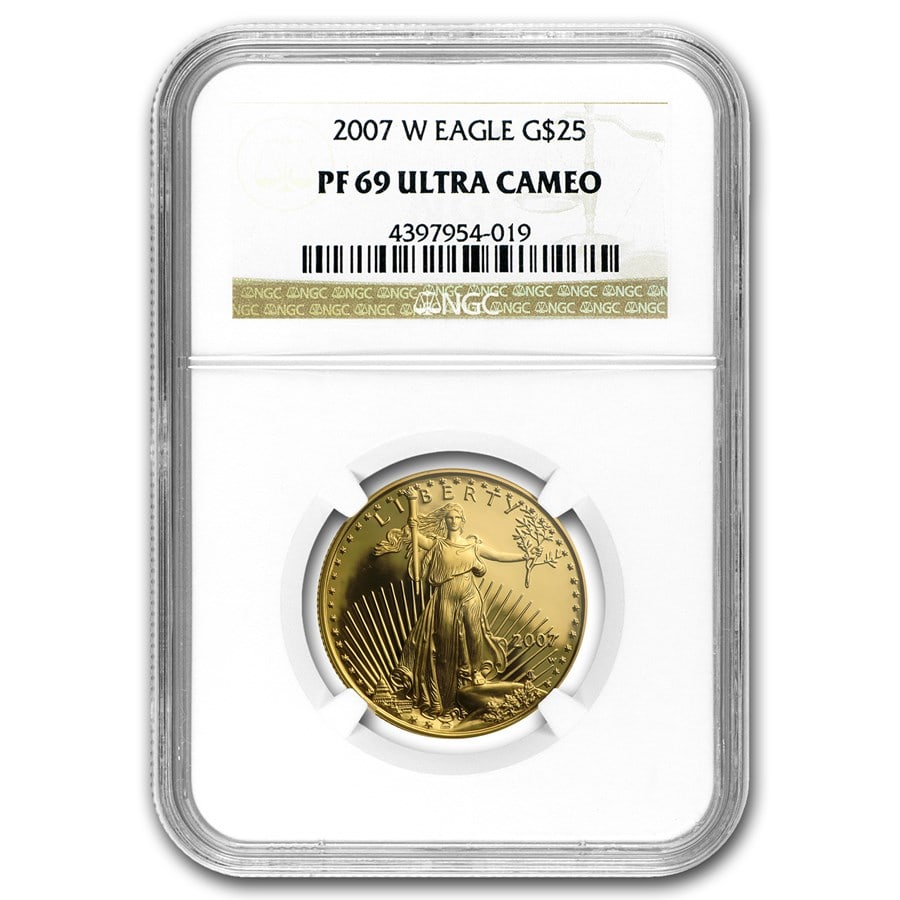 2007-W 1/2 oz Proof American Gold: 2007-W 1/2 oz Proof American Gold Eagle PF-69 UCAM NGC SKU no: RBJ34579 Year: 2007 Grade Service: NGC Denomination: 25 Dollars Metal Content: 0.5 troy oz Purity: .9167 Thickness: 2.24 mm