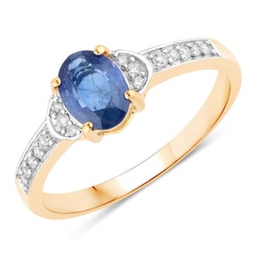 1.05 CT Genuine Blue Sapphire and White Diamond 10K Yellow Gold Ring
