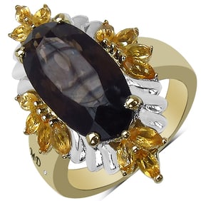 7.07 CT Genuine Smoky Quartz, Citrine & White Diamond 14K Yellow Gold Ring