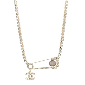 Chanel Crystal Pin Necklace Gold Pink