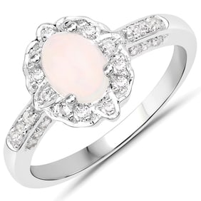 0.90 CT Genuine Ethiopian Opal and White Topaz 14K White Gold Ring