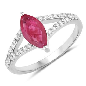 1.58 CT Genuine Ruby and White Diamond 14K White Gold Ring