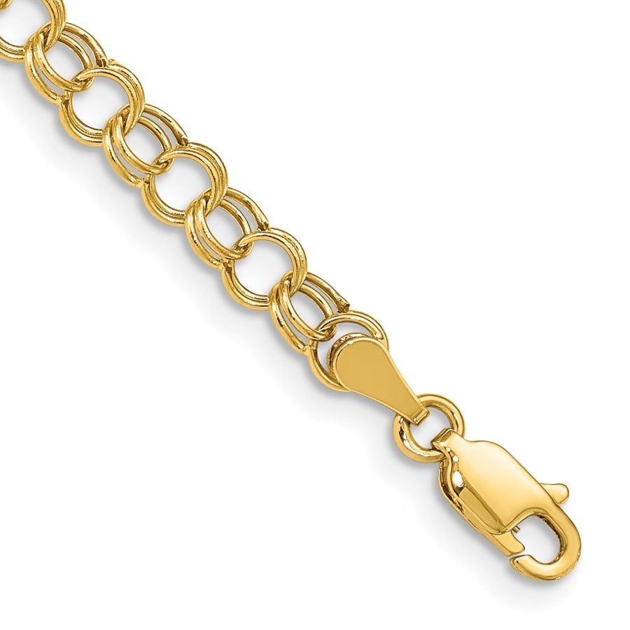 10K Yellow Gold Hollow Double Link: 10K Yellow Gold Hollow Double Link Charm Bracelet - 6 mm SKU no: RBJ264473 Metal: Gold Purity: 10K Finish: Polished Length Of Item: 6 in Chain Length: 6 in Chain Width: 5 mm Clas