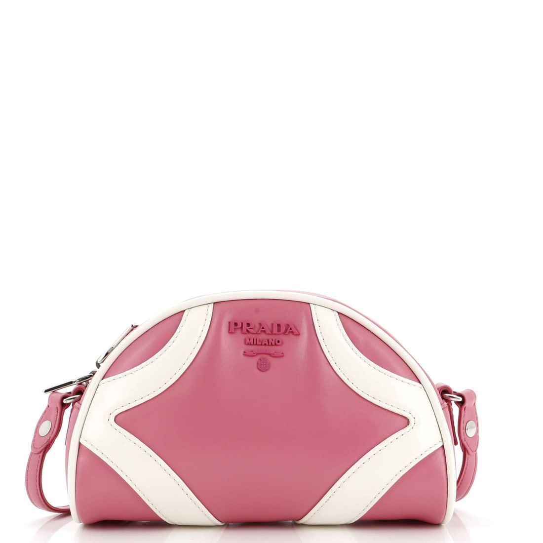 Prada Bowling Crossbody Bag Soft Calf: Prada Bowling Crossbody Bag Soft Calf Small Exterior Color: Pink Interior Color: Black Exterior Material: Leather Interior Material: Fabric Hardware Color: Silver Accessories: Dust bag RB