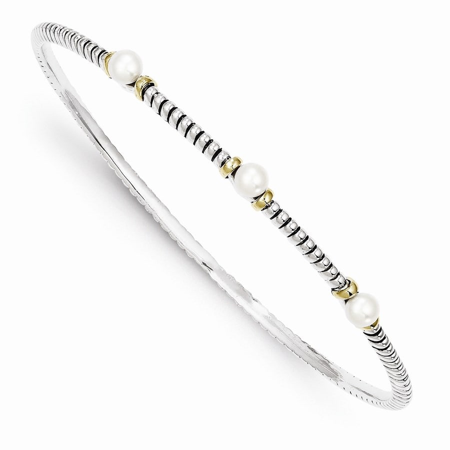 Sterling Silver 4.5 mm Freshwater Cultured: Sterling Silver 4.5 mm Freshwater Cultured Button Bangle Bracelet SKU no: RBJ107955 Metal: Sterling Silver Purity: 14k Finish: Polished & Antiqued Chain Width: 5 mm Stone Type: Pearl Ston