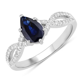 1.14 CT Genuine Blue Sapphire and White Diamond 14K White Gold Ring