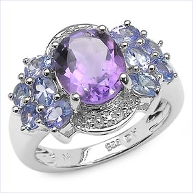 3.57 CT Genuine Amethyst and Tanzanite 14K White Gold Ring