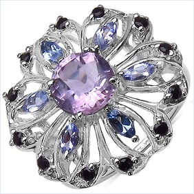 1.77 CT Genuine Amethyst , Tanzanite & Black Spinel 14K White Gold Ring