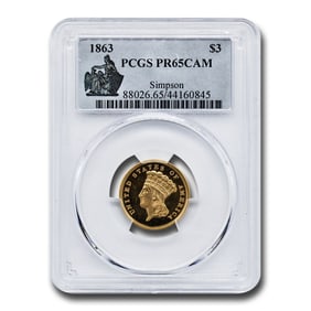 1863 $3 Gold Princess PR-65 Cameo