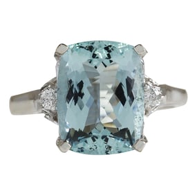 Natural Aquamarine Diamond Ring In 14K White Gold