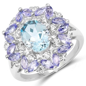 3.82 CT Genuine Blue Topaz, Tanzanite and White Topaz 14K White Gold Ring