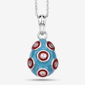 6.57 Grams Drop Shape 14K White Gold Sky Blue & Red Enamel Charms Pendant