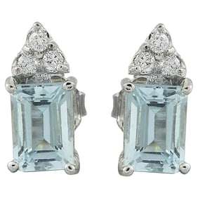 Natural Aquamarine Diamond Earrings In 14K White Gold