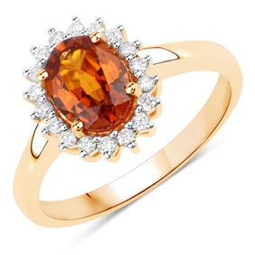1.87 CT Genuine Spessartite Garnet and White Diamond 14K Yellow Gold Ring