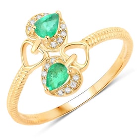 0.32 CT Genuine Zambian Emerald and White Diamond 14K Yellow Gold Ring