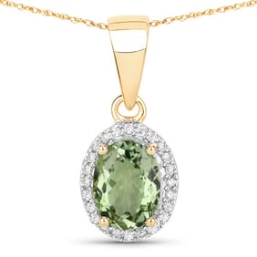 1.27 CT Genuine Green Tourmaline and White Diamond 14K Yellow Gold Pendant