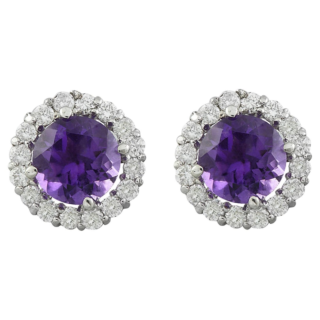 Natural Amethyst Diamond Earrings In 14K White Gold: Natural Amethyst Diamond Earrings In 14K White Gold 3.65 Carat Natural Amethyst 14K Solid White Gold Diamond Earrings Stamped: 14K Total Earrings Weight: 1.5 Grams Amethyst Weight: 3.00 Carat (7.00x7.