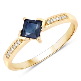 0.64 CT Genuine Blue Sapphire and White Diamond 14K Yellow Gold Ring