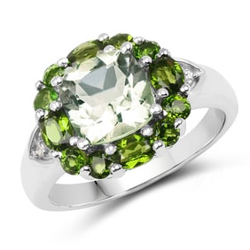 3.49 CT Genuine Green Amethyst, Chrome Diopside & White Topaz 14K White Gold Ring