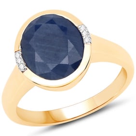 4.85 CT Genuine Blue Sapphire and White Diamond 14K Yellow Gold Ring