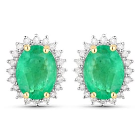 2.66 CT Genuine Zambian Emerald and White Diamond 10K Yellow Gold Earrings