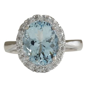 Natural Aquamarine Diamond Ring In 14K