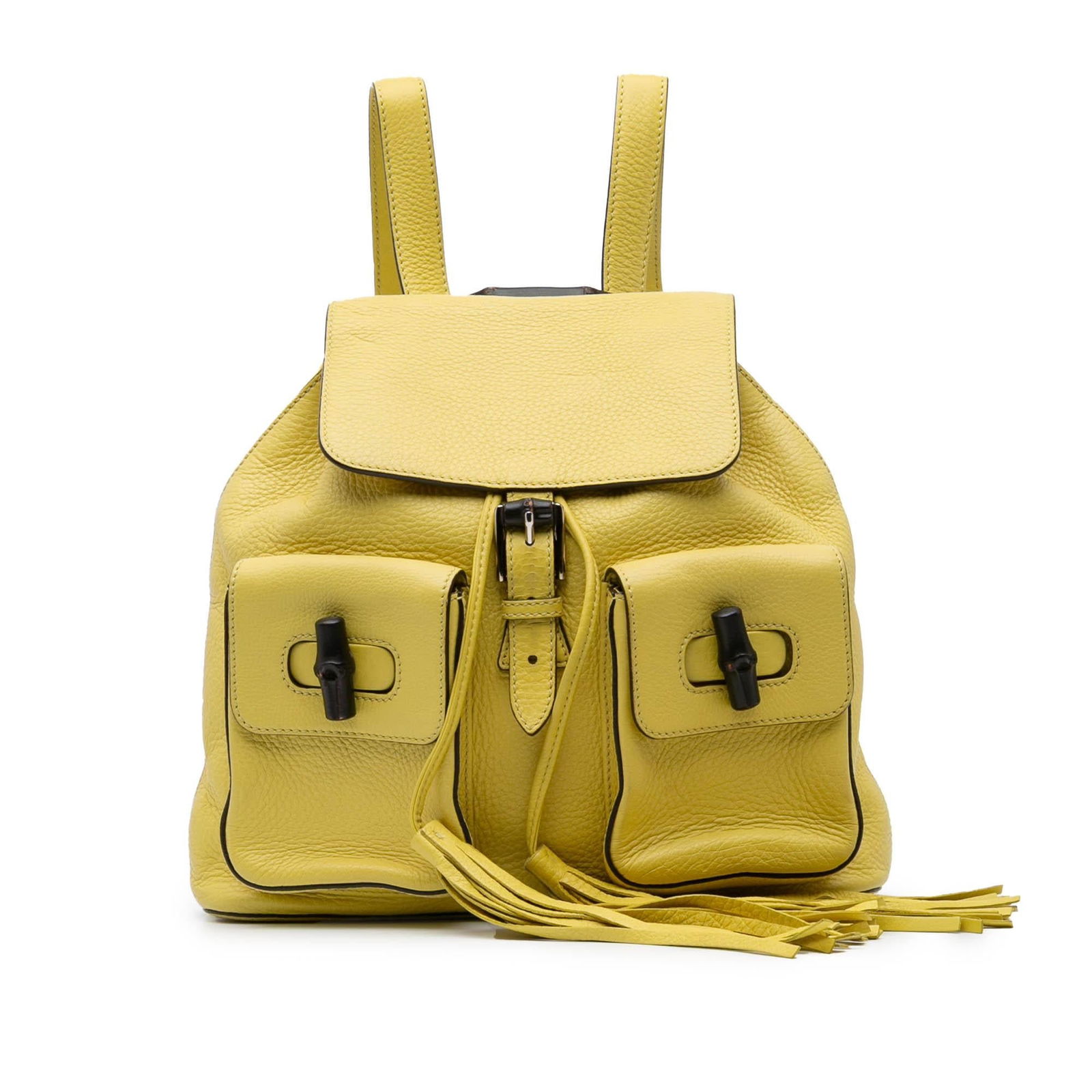 Gucci Leather Bamboo Tassel Backpack: Gucci Leather Bamboo Tassel Backpack Condition Quality: Exterior Back stained with Other. Exterior Bottom stained with Other. Exterior Front Creased. Exterior Front stained with Other. Interior Lining