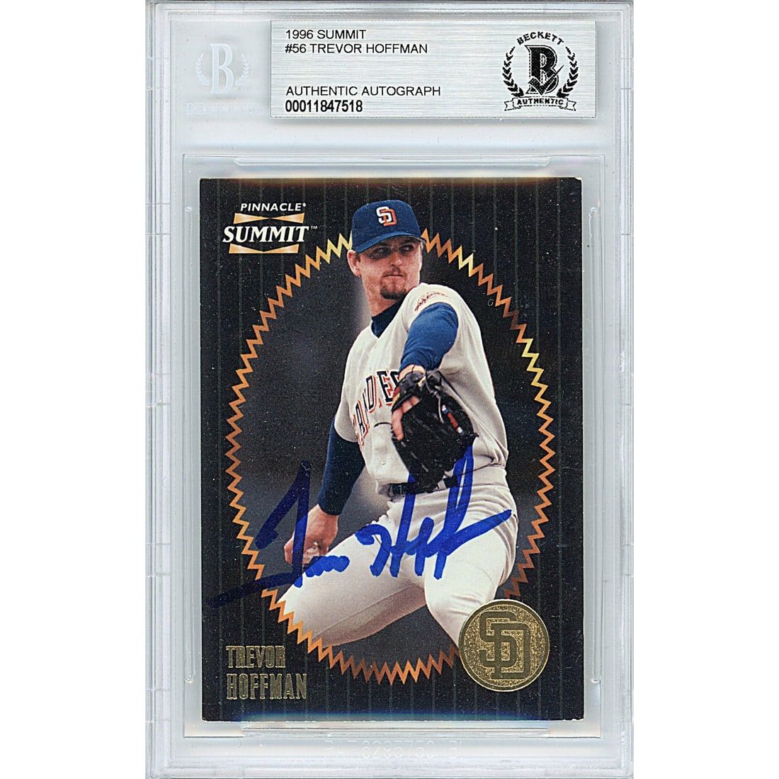 trevor hoffman signed san diego padres: trevor hoffman signed san diego padres 1996 pinnacle summit baseball card beckett slab This autographed Trevor Hoffman baseball card from the 1996 Pinnacle Summit series features a bold signature in b